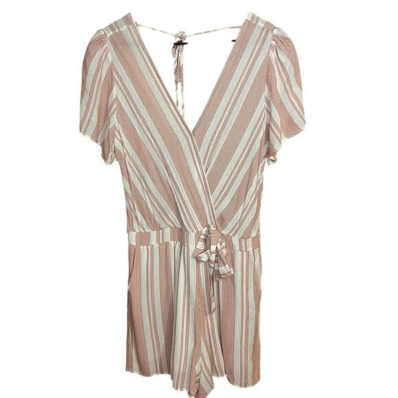 Mm mm mm White Striped Dusty Pink V‎ Neck Adjustable Romper Women's Large - Picture 1 of 11